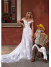 Ivory Flowery Lace Tulle V Back Wedding Dress